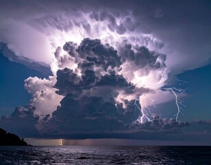 A dramatic nighttime scene of a vibrant thunderstorm over the ocean, showcasing lightning striking dramatically in a cloudy sky