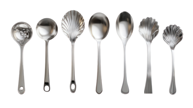 Collection of ornate antique silver serving spoons isolated on transparent background
