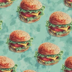 Illustration with a seamless burger pattern fresh sandwiches with cheese, lettuce and tomatoes on a turquoise background