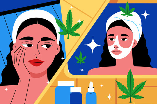 CBD skincare routine infographic flat vector illustration showcasing a woman applying products, surrounded by cannabis leaves and beauty items, emphasizing wellness and self-care