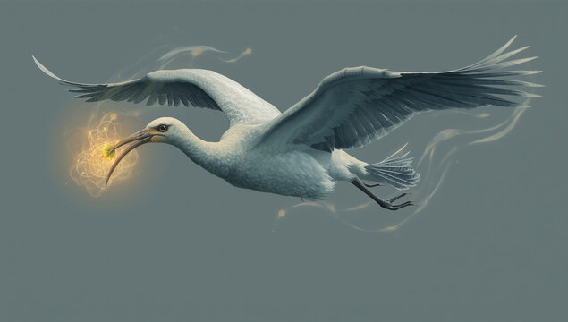 White Bird Flying with Glowing Orb