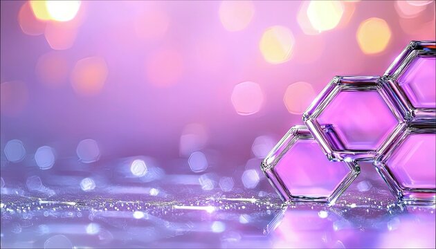 A cluster of translucent hexagonal shapes with a purple tint sits on a sparkling surface, set against a soft bokeh background of purple and pink lights.