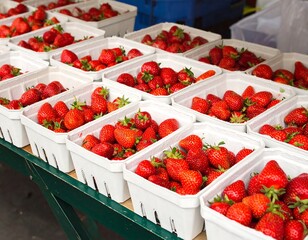 Baskets filled with ripe strawberries at a farmers market stand, ready for sale