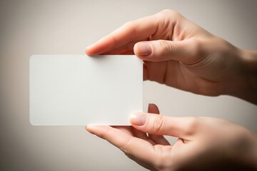 Obraz premium Female hands present a clean white card mockup, perfect for branding or message display, set against a smooth beige backdrop