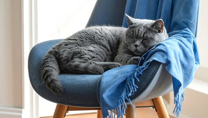 A fluffy, gray cat peacefully slumbers atop a blue, mid-century modern style chair draped with a matching colored blanket