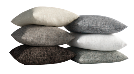 Stack of decorative textured throw pillows isolated on transparent background