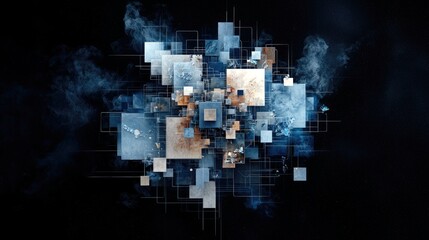 A complex arrangement of overlapping squares of various sizes and shades of blue and brown, connected by thin lines, with wisps of blue smoke on a black backgro