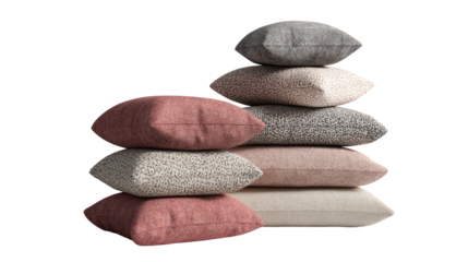 Stack of textured decorative pillows isolated on transparent background