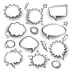 Artistic set of comic-style communication bubbles, ranging from quiet thoughts to loud explosions, all with characteristic halftone shading and bold outlines