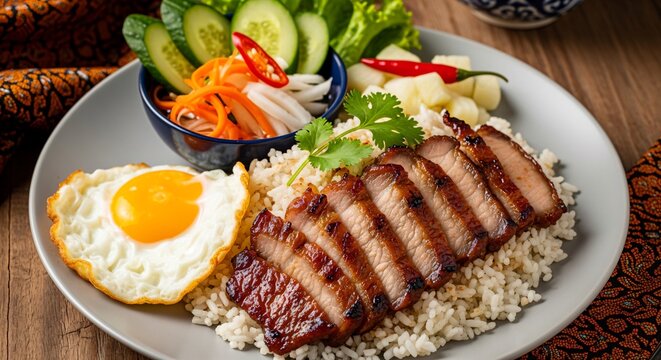Cambodian bai sach chrouk grilled pork with broken rice and pickled veggies one.