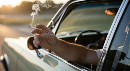 Cigarette smoke drifting lazily from a hand resting on the car window at sunset evoking