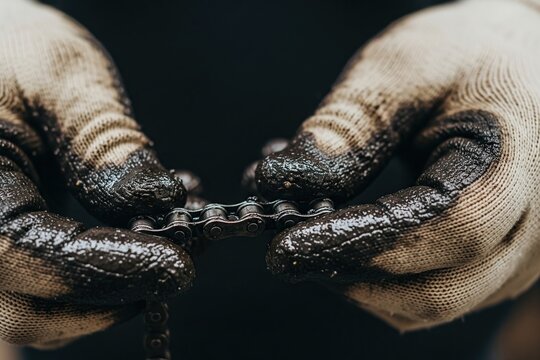 Grubby hands in work gloves hold a greasy bicycle chain against a dark background, showing repair closeup