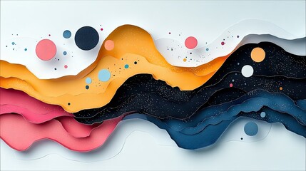 An abstract composition of layered paper cutouts in wavy shapes, featuring vibrant colors and scattered circles, evoking a sense of depth and movement.