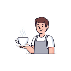 Cute Character Barista Serving Hot Drink A charming illustration of a barista holding a steaming cup, perfect for cafes and coffee-themed designs