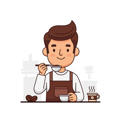 Cute character barista professionally tasting coffee beans with a spoon, enjoying the aroma and preparing for brewing