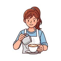 Cute character barista pouring latte art into a coffee cup