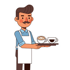 Cute character barista serving coffee with latte art on a tray