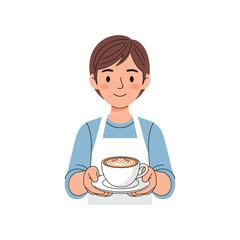 Charming and cute barista character illustration, a friendly young man serving hot coffee with a smile