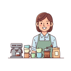 cute cartoon character of a smiling barista behind a counter with coffee equipment and supplies
