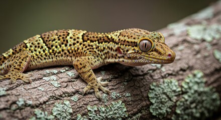 Fototapeta premium Close-up gecko with textured skin and bright eyes on a natural surface, showing detailed patterns and lifelike coloration.