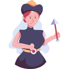 Stylized Pixelated Portrait of a Woman in a Dark Blue Dress with an Orange Hat and Veil Holding an Arrow Stick with a Translucent Background