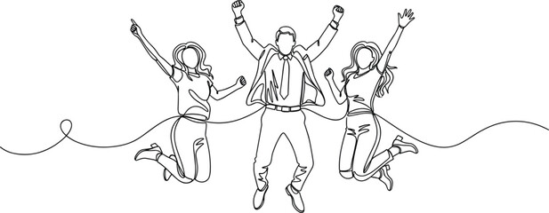 Continuous line drawing of three ecstatic business people jumping high in the air, celebrating team success, achievement, and corporate victory with raised hands on a white background
