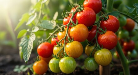 Close-up capture of ripe and unripe tomatoes on the vine basking in sunlit garden freshness