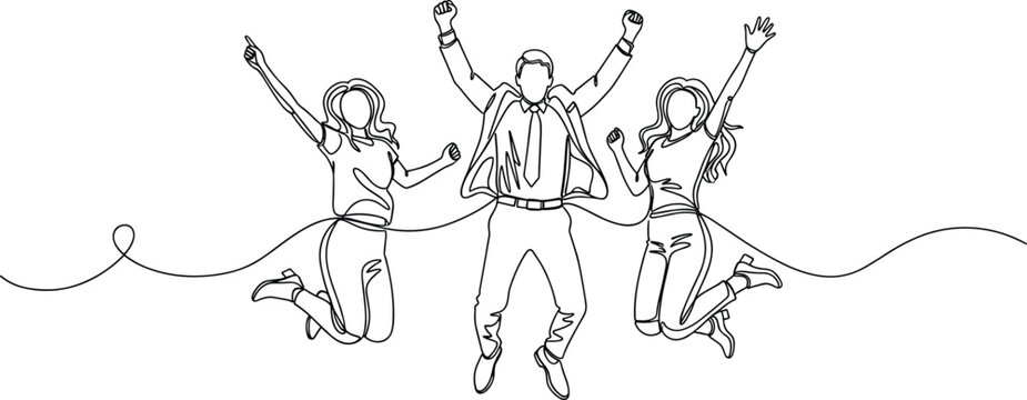 Continuous line drawing of three ecstatic business people jumping high in the air, celebrating team success, achievement, and corporate victory with raised hands on a white background