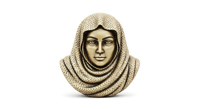 Ancient stone bust of a woman with a hooded veil detailed carving and serene expression isolated on white background