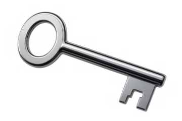 Silver chrome key representing security, access, solution, secret, success, unlocking opportunity and potential