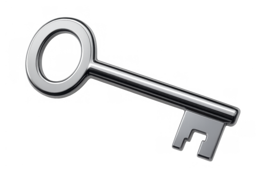Silver chrome key representing security, access, solution, secret, success, unlocking opportunity and potential