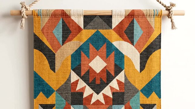 Colorful geometric wall tapestry hanging in modern decor