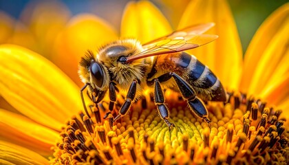 A honeybee, showing intricate details, rests on a bright yellow flower with visible pollen. Close-up photo highlights its features