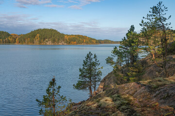 Obraz premium The rocky shore of Lake Ladoga on a small island in the Ladoga Skerries National Park, near the village of Lumivara, on a sunny autumn day, Republic of Karelia, Russia