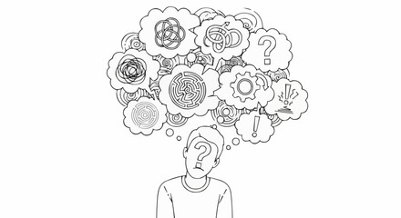 Person Overwhelmed with Thoughts and Questions, Illustrated in Black and White.