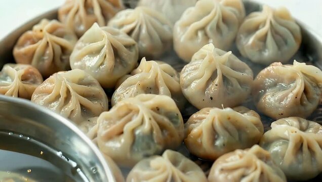 Captivating 4K top down view footage of a freshly prepared steaming hot batch of Kanom Jeeb Thai dumplings featuring visible hot steam rising intensely and gently fogging the camera lens creating a