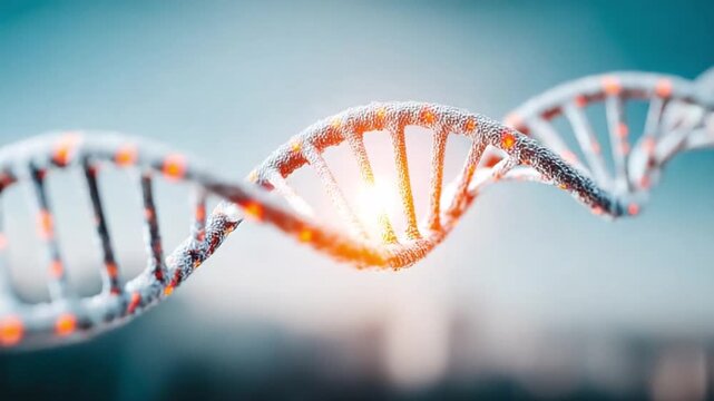 DNA Structure: A vibrant and detailed image of a DNA strand, a symbol of life, glows with a radiant light, showcasing the building blocks of existence in a mesmerizing display.