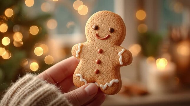 Close-up studio shot of a human hand gently holding a ginger cookie. Soft diffused light, clean background, shallow depth of field.
