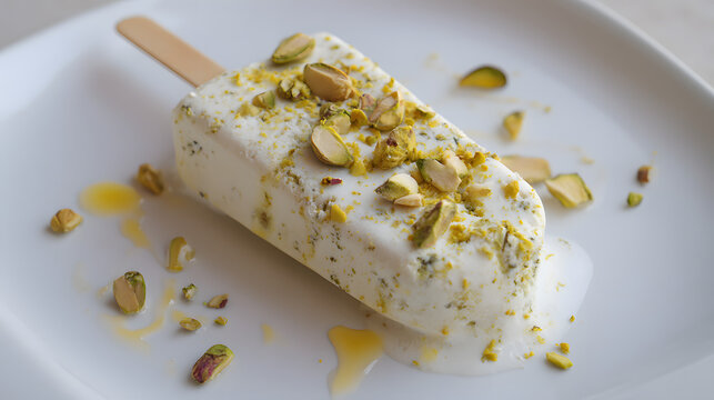 Ice cream sticks with pistachios and almonds on a white background. Dessert background illustration.