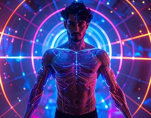A muscular man glowing with circuitry in a neon-lit, futuristic tunnel