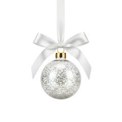 Colorful Christmas ornaments hanging on elegant ribbons, festive baubles with metallic shine and decorative patterns, holiday tree decorations isolated on transparent background PNG