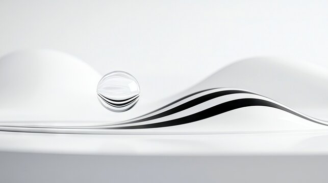 A minimalist abstract scene featuring a clear glass sphere suspended above a wavy surface with black and white stripes. - Powered by Adobe