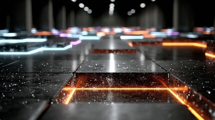 Dynamic neon light pathways illuminate a futuristic digital landscape with glowing circuits and abstract data streams
