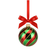 Colorful Christmas ornaments hanging on elegant ribbons, festive baubles with metallic shine and decorative patterns, holiday tree decorations isolated on transparent background PNG