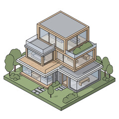 Modern Isometric House Design with Greenery and Glass Walls.