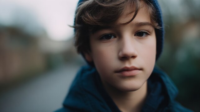 Boy with a blue hat and a blue hoodie is looking at the camera