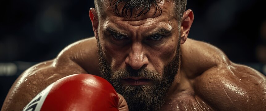 Feel the intensity of a boxer ready for action. The powerful athlete's determination and strength shine through, making it perfect for fitness and sports content.