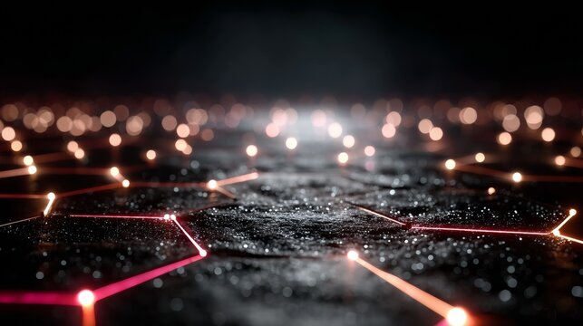Dynamic glowing network of digital connections with bokeh lights symbolizing futuristic technology and data flow