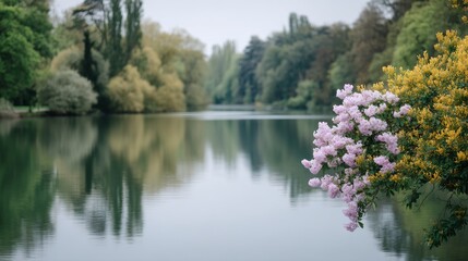River with a reflection of trees and a pink flower on the right