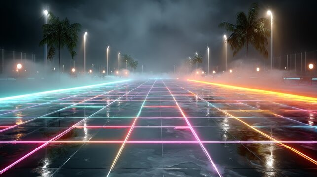 Vibrant neon grid path glows in misty nighttime with palm trees and streetlights, evoking retro futurism and digital landscapes.
